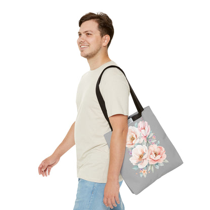 Floral Peony Tote Bag — Pink Watercolor Flowers on Grey