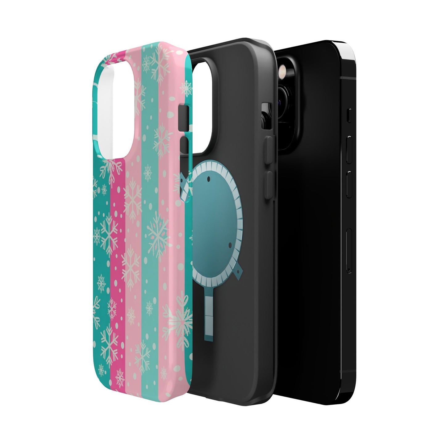 Snowflake Striped Magnetic Impact-Resistant Phone Case — Pink & Teal Winter Design