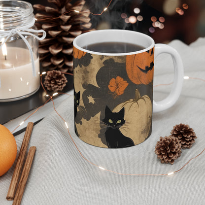 Halloween Cat Mug, Spooky Coffee Cup, Black Cat and Pumpkin Design, Fall Decor, Halloween Gift, Witchy Kitchenware