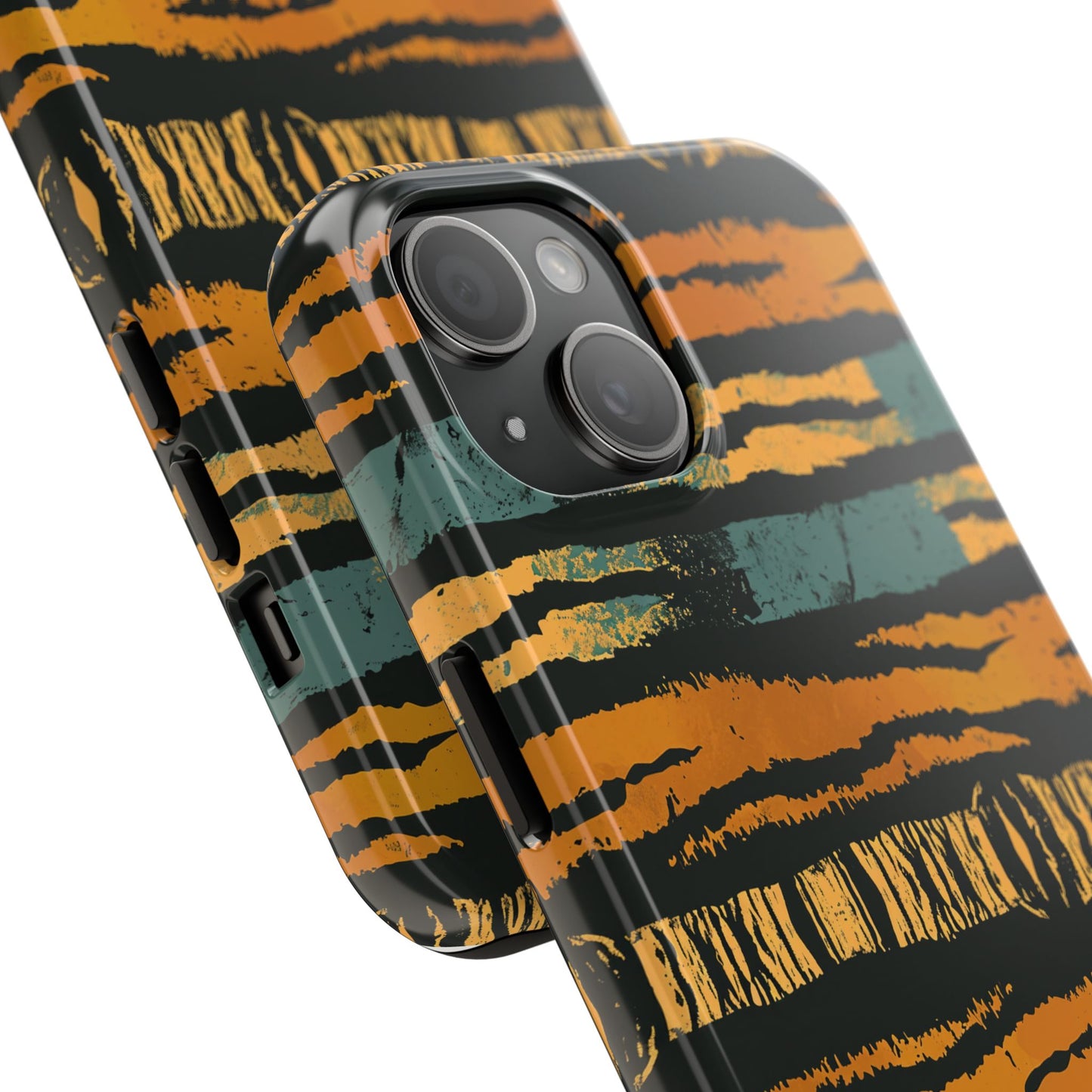 Tiger Stripe Tough Phone Case — Rugged Protective iPhone Cover with Amber & Teal Brushstroke Pattern