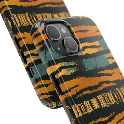 Tiger Stripe Tough Phone Case — Rugged Protective iPhone Cover with Amber & Teal Brushstroke Pattern