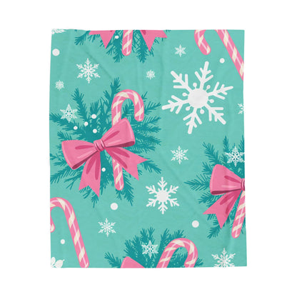 Christmas Candy Cane Plush Blanket — Teal Snowflake Velveteen Throw