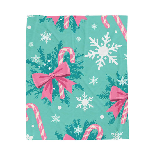 Christmas Candy Cane Plush Blanket — Teal Snowflake Velveteen Throw