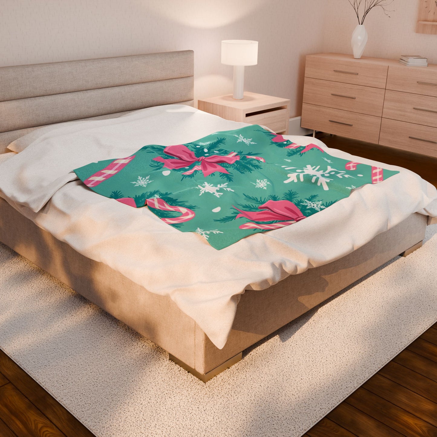 Christmas Candy Cane Plush Blanket — Teal Snowflake Velveteen Throw