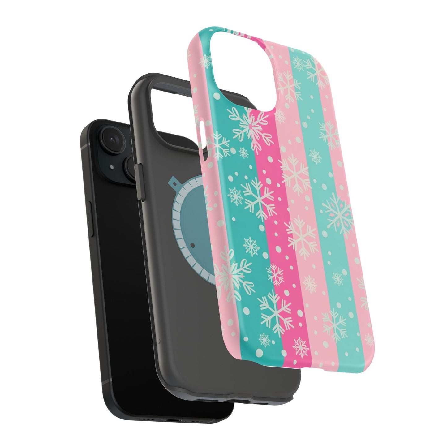 Snowflake Striped Magnetic Impact-Resistant Phone Case — Pink & Teal Winter Design