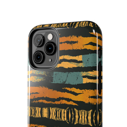 Tiger Stripe Tough Phone Case — Rugged Protective iPhone Cover with Amber & Teal Brushstroke Pattern