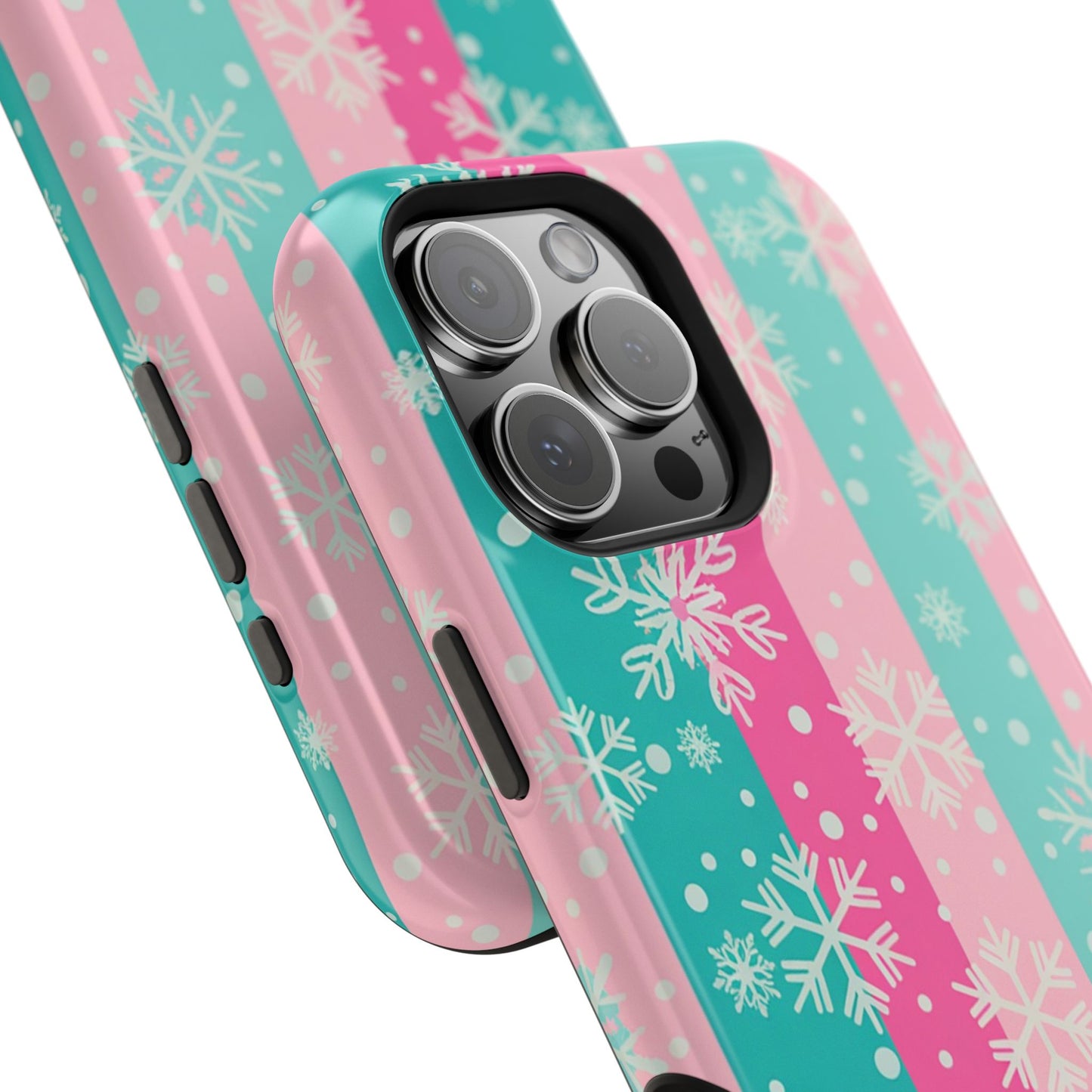 Snowflake Striped Magnetic Impact-Resistant Phone Case — Pink & Teal Winter Design