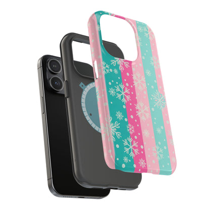 Snowflake Striped Magnetic Impact-Resistant Phone Case — Pink & Teal Winter Design