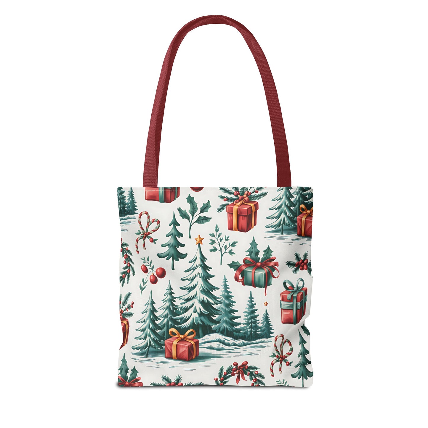 Festive Holiday Tote Bag with Christmas Trees and Gifts