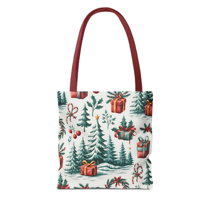 Festive Holiday Tote Bag with Christmas Trees and Gifts