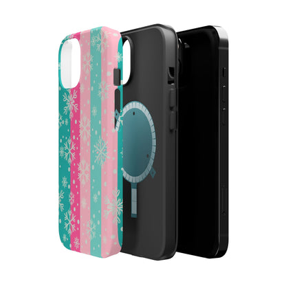 Snowflake Striped Magnetic Impact-Resistant Phone Case — Pink & Teal Winter Design