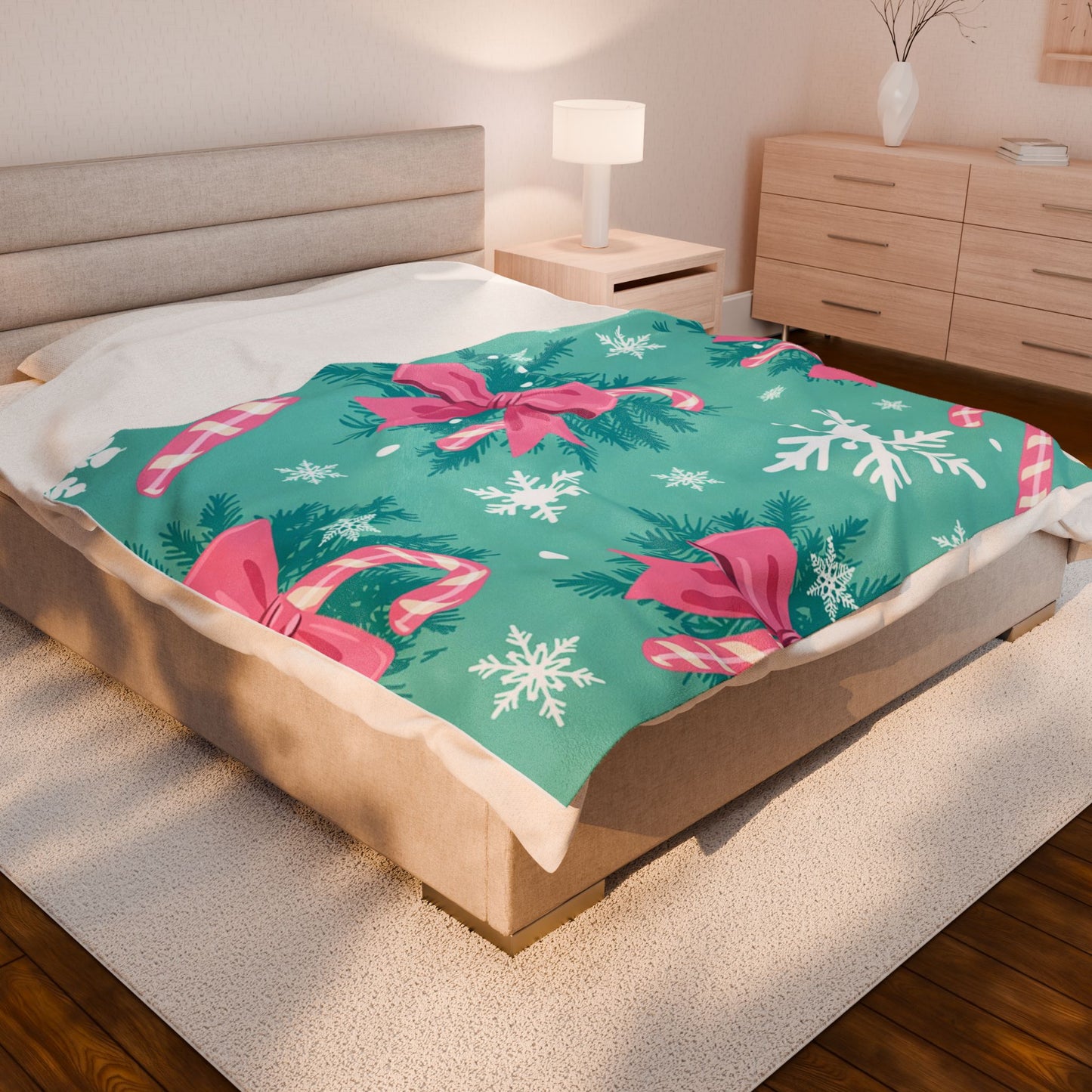 Christmas Candy Cane Plush Blanket — Teal Snowflake Velveteen Throw