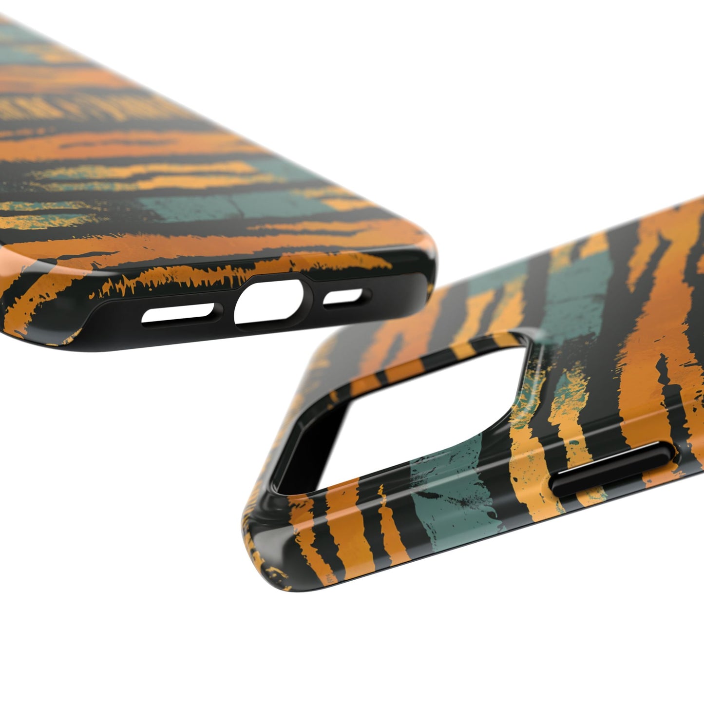 Tiger Stripe Tough Phone Case — Rugged Protective iPhone Cover with Amber & Teal Brushstroke Pattern