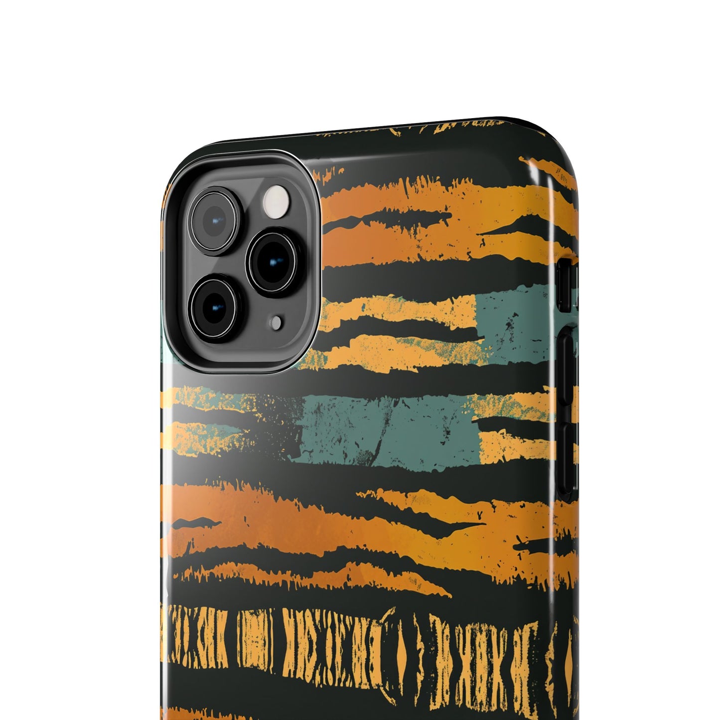 Tiger Stripe Tough Phone Case — Rugged Protective iPhone Cover with Amber & Teal Brushstroke Pattern
