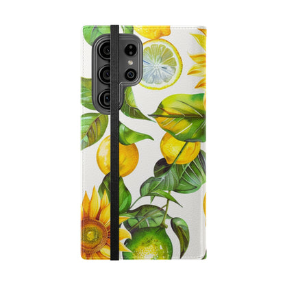 Sunflower & Lemon Flip Phone Case – Floral Wallet Flip Case with Card Slots