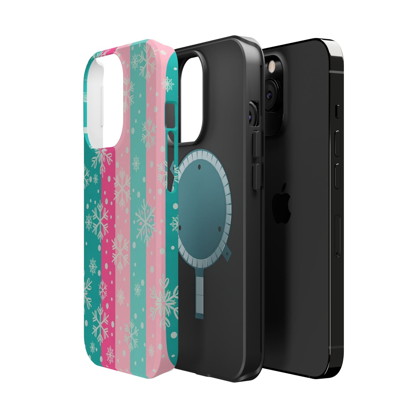 Snowflake Striped Magnetic Impact-Resistant Phone Case — Pink & Teal Winter Design