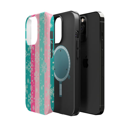 Snowflake Striped Magnetic Impact-Resistant Phone Case — Pink & Teal Winter Design
