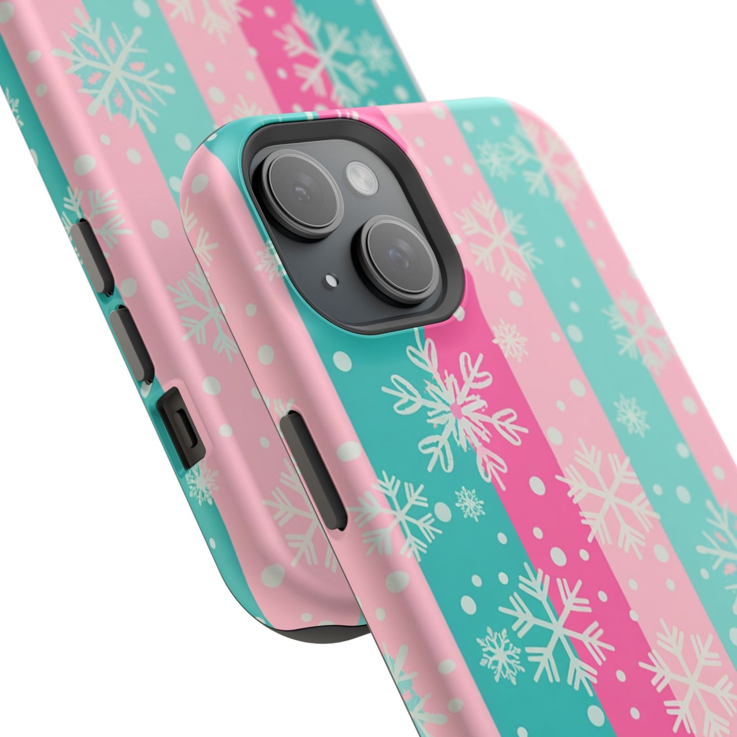 Snowflake Striped Magnetic Impact-Resistant Phone Case — Pink & Teal Winter Design