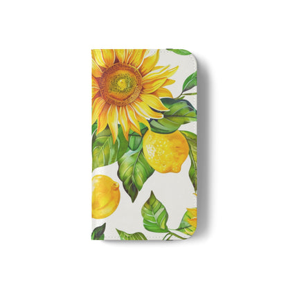 Sunflower & Lemon Flip Phone Case – Floral Wallet Flip Case with Card Slots