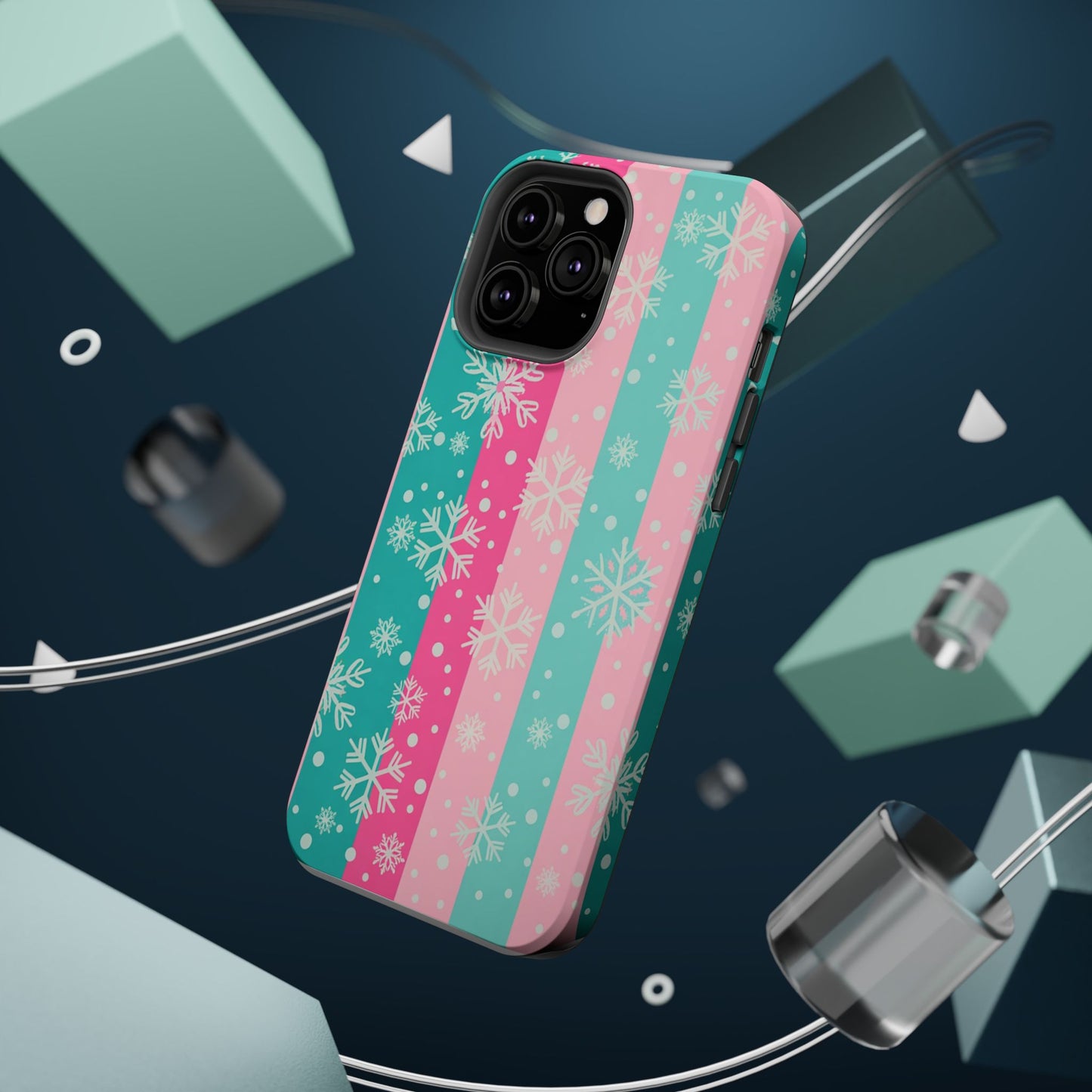 Snowflake Striped Magnetic Impact-Resistant Phone Case — Pink & Teal Winter Design