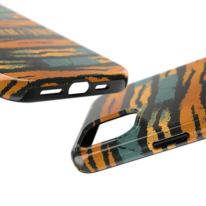 Tiger Stripe Tough Phone Case — Rugged Protective iPhone Cover with Amber & Teal Brushstroke Pattern