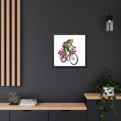 Whimsical Frog on Bicycle Framed Poster, Quirky Wall Art, Home Decor, Gift for Nature Lovers, Bike Enthusiasts