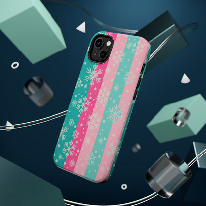 Snowflake Striped Magnetic Impact-Resistant Phone Case — Pink & Teal Winter Design