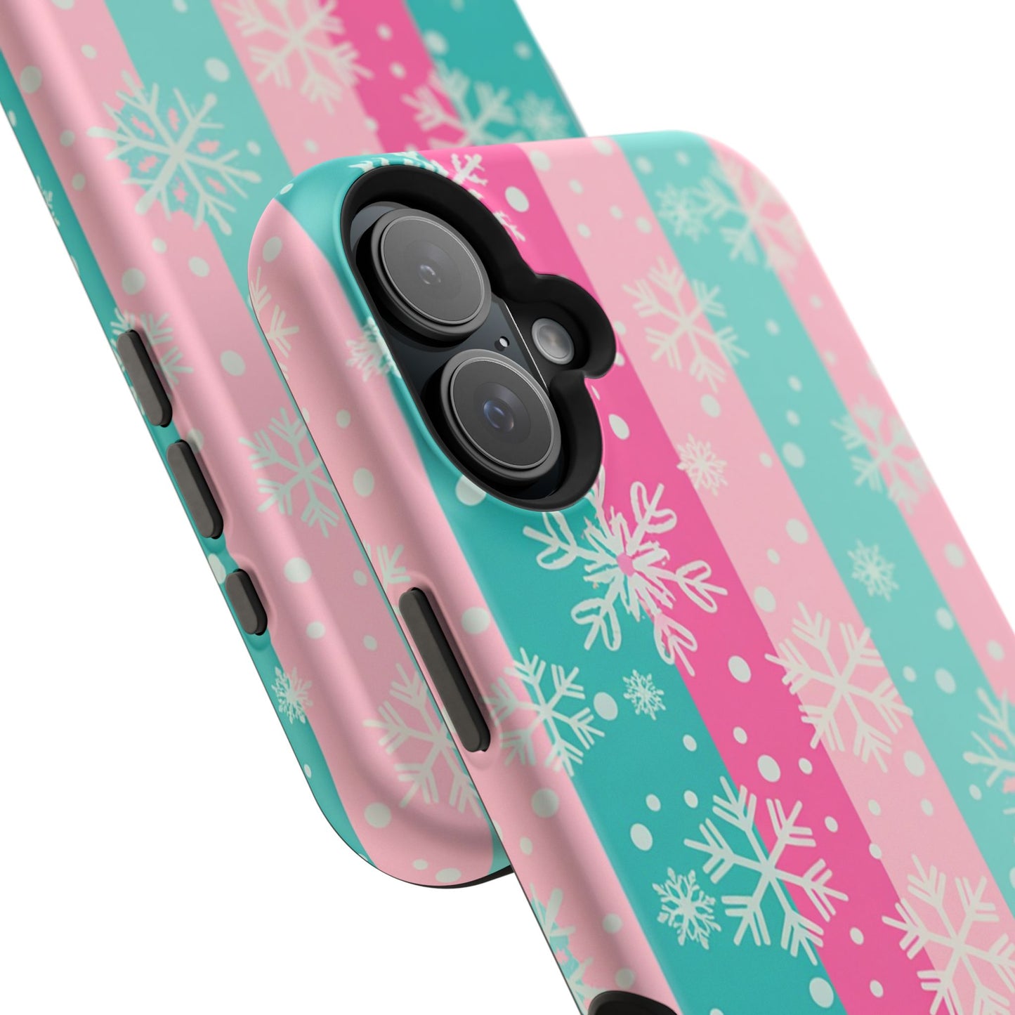 Snowflake Striped Magnetic Impact-Resistant Phone Case — Pink & Teal Winter Design