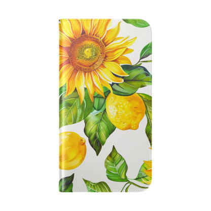 Sunflower & Lemon Flip Phone Case – Floral Wallet Flip Case with Card Slots