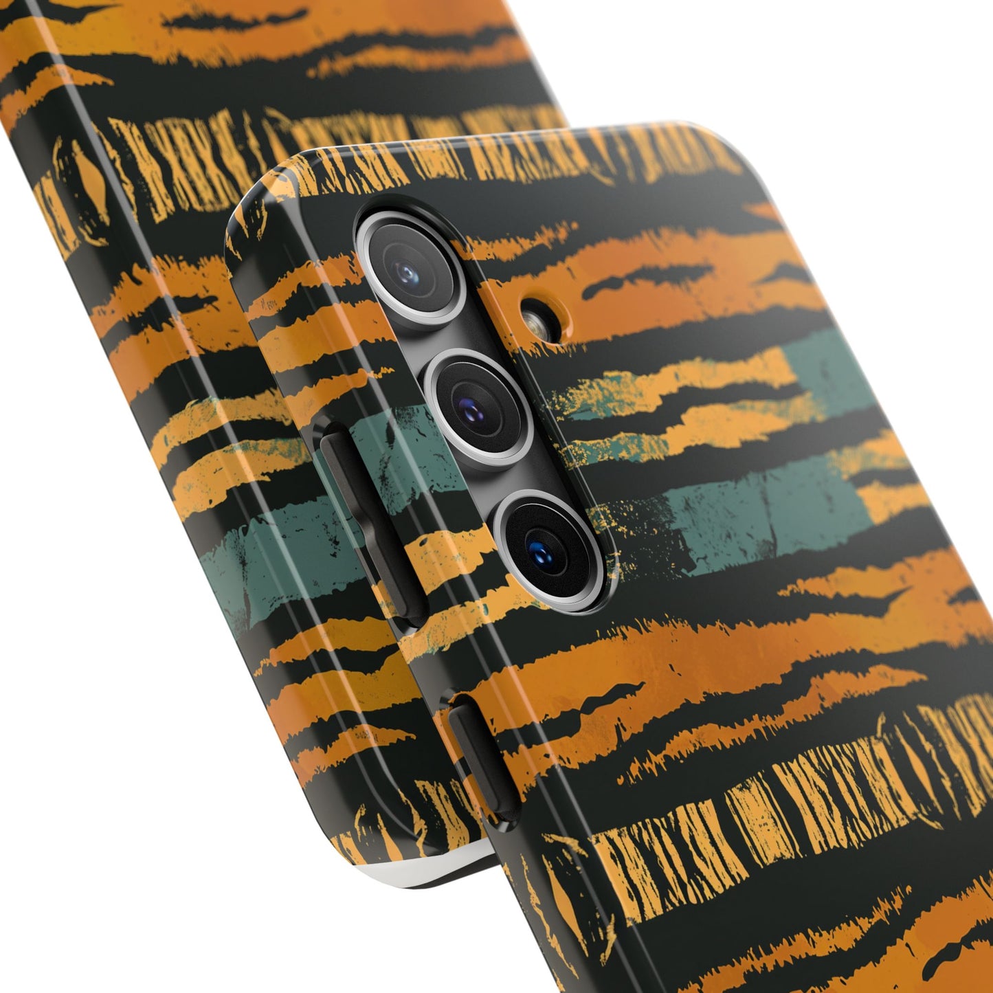Tiger Stripe Tough Phone Case — Rugged Protective iPhone Cover with Amber & Teal Brushstroke Pattern