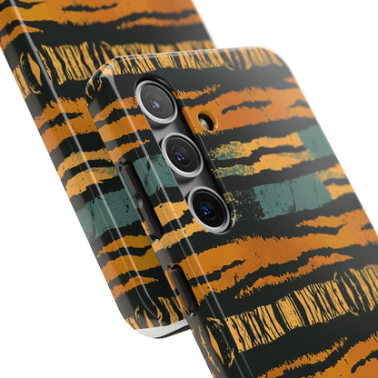 Tiger Stripe Tough Phone Case — Rugged Protective iPhone Cover with Amber & Teal Brushstroke Pattern
