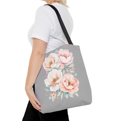 Floral Peony Tote Bag — Pink Watercolor Flowers on Grey