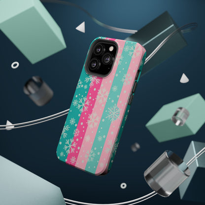 Snowflake Striped Magnetic Impact-Resistant Phone Case — Pink & Teal Winter Design