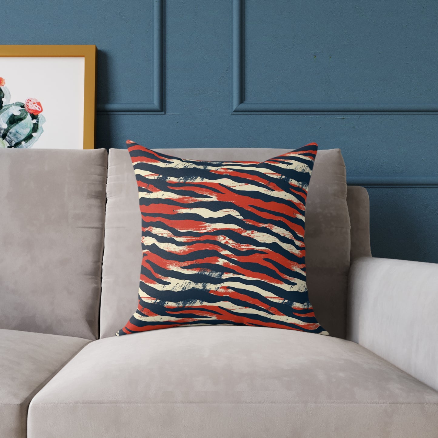 Red Navy Tiger Stripe Square Pillow - Bold Animal Print Decorative Cushion