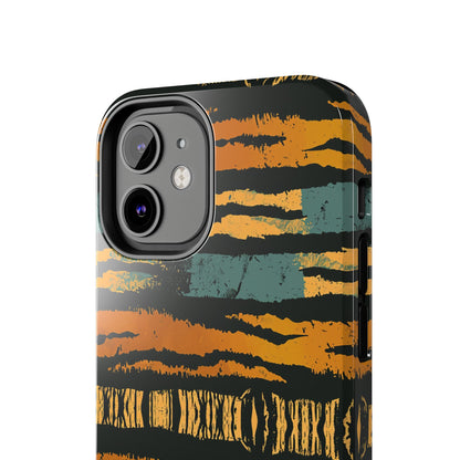 Tiger Stripe Tough Phone Case — Rugged Protective iPhone Cover with Amber & Teal Brushstroke Pattern