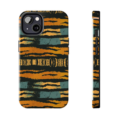 Tiger Stripe Tough Phone Case — Rugged Protective iPhone Cover with Amber & Teal Brushstroke Pattern