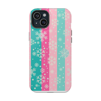 Snowflake Striped Magnetic Impact-Resistant Phone Case — Pink & Teal Winter Design