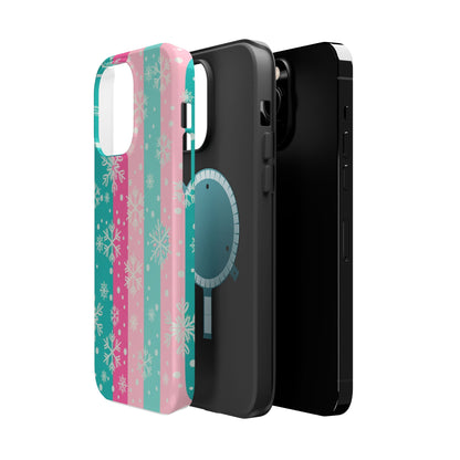 Snowflake Striped Magnetic Impact-Resistant Phone Case — Pink & Teal Winter Design