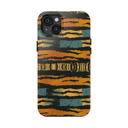 Tiger Stripe Tough Phone Case — Rugged Protective iPhone Cover with Amber & Teal Brushstroke Pattern