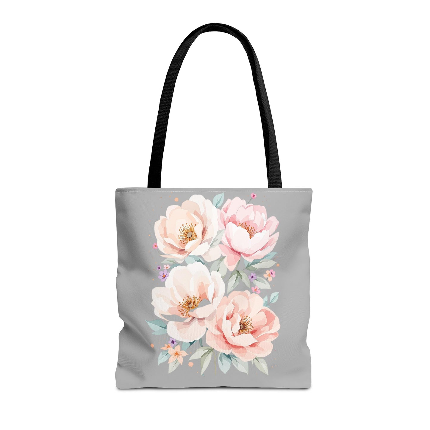 Floral Peony Tote Bag — Pink Watercolor Flowers on Grey