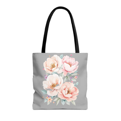 Floral Peony Tote Bag — Pink Watercolor Flowers on Grey