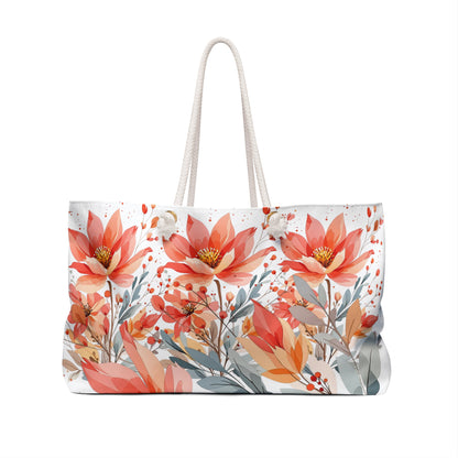 Floral Lotus Weekender Bag – Coral & Brown Travel Tote