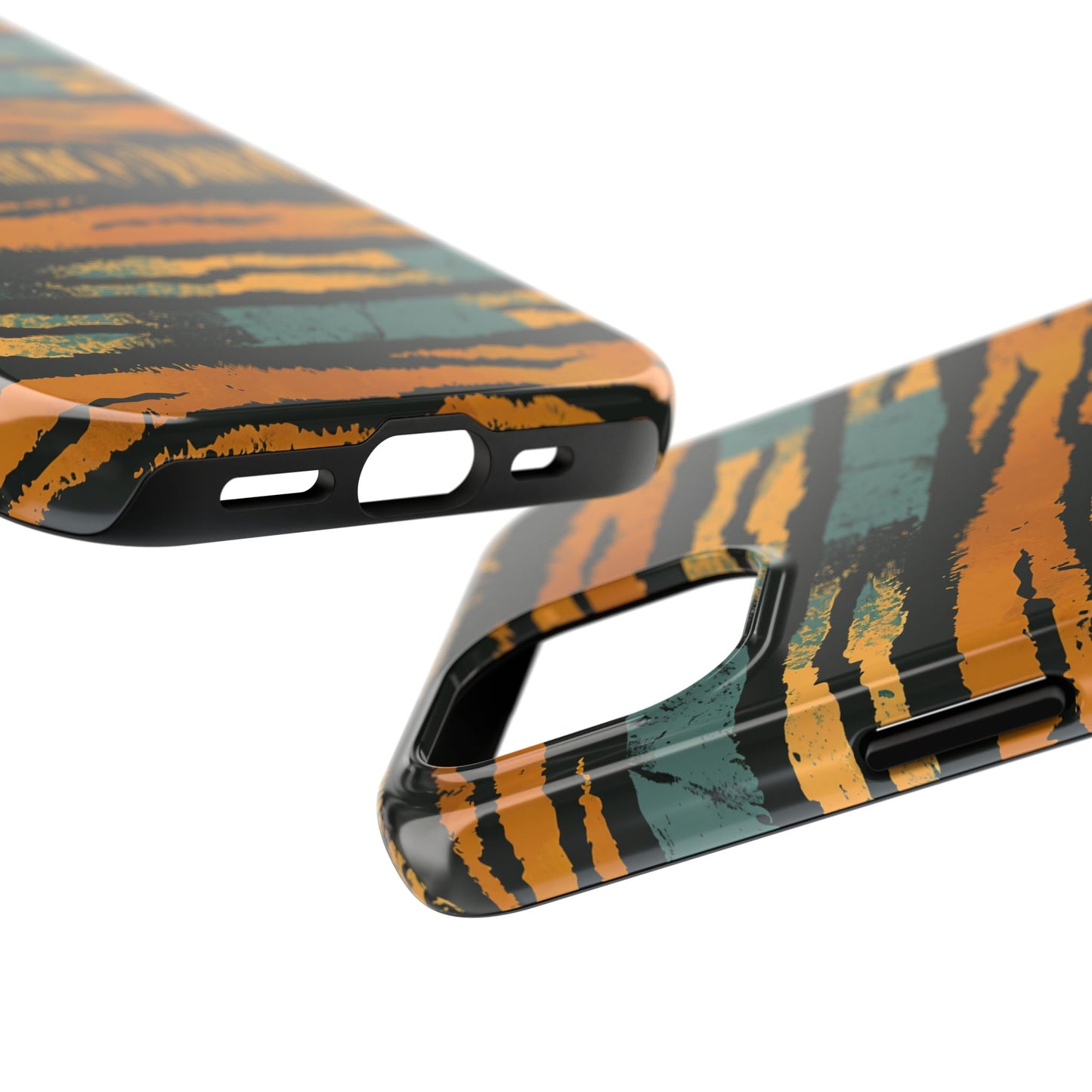 Tiger Stripe Tough Phone Case — Rugged Protective iPhone Cover with Amber & Teal Brushstroke Pattern