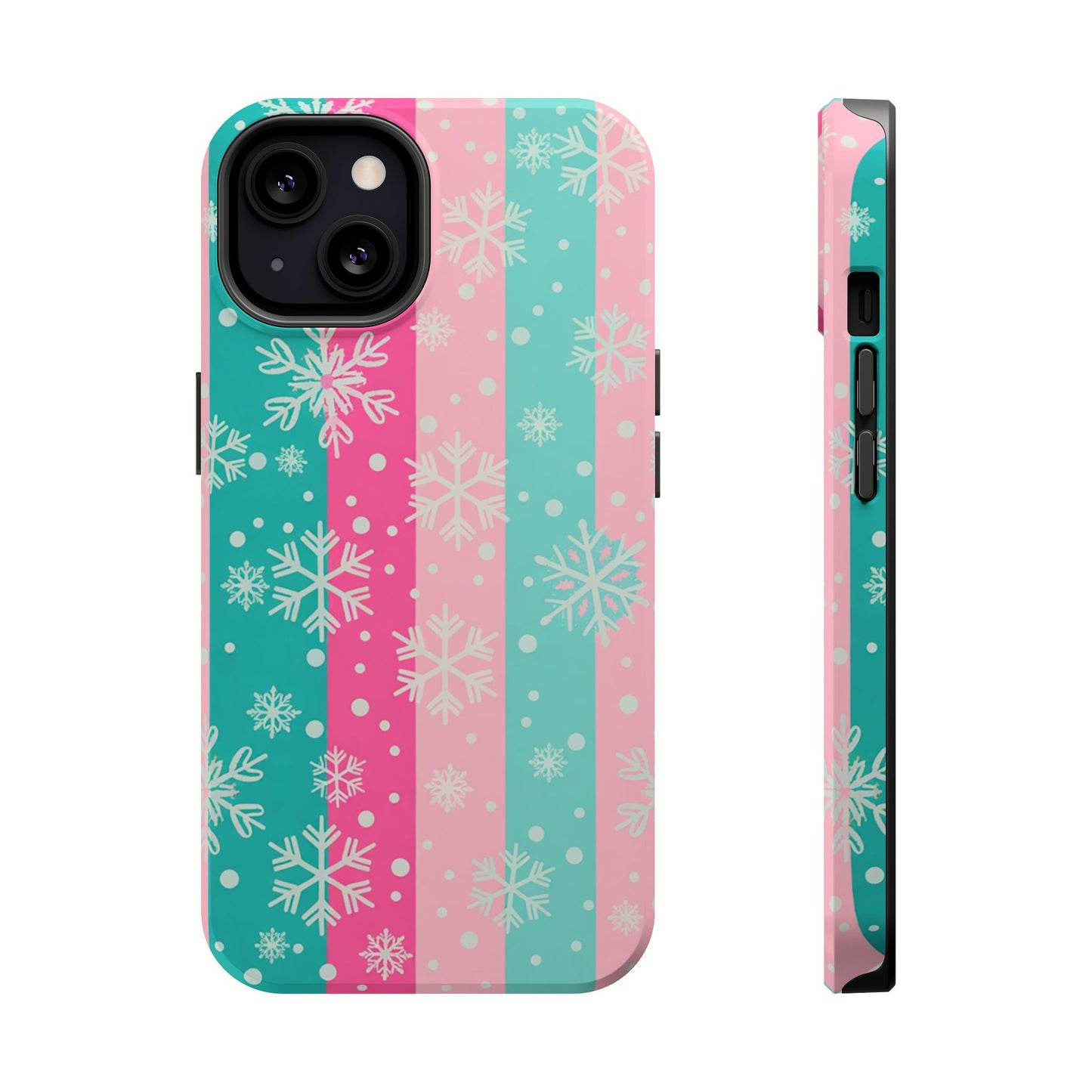Snowflake Striped Magnetic Impact-Resistant Phone Case — Pink & Teal Winter Design