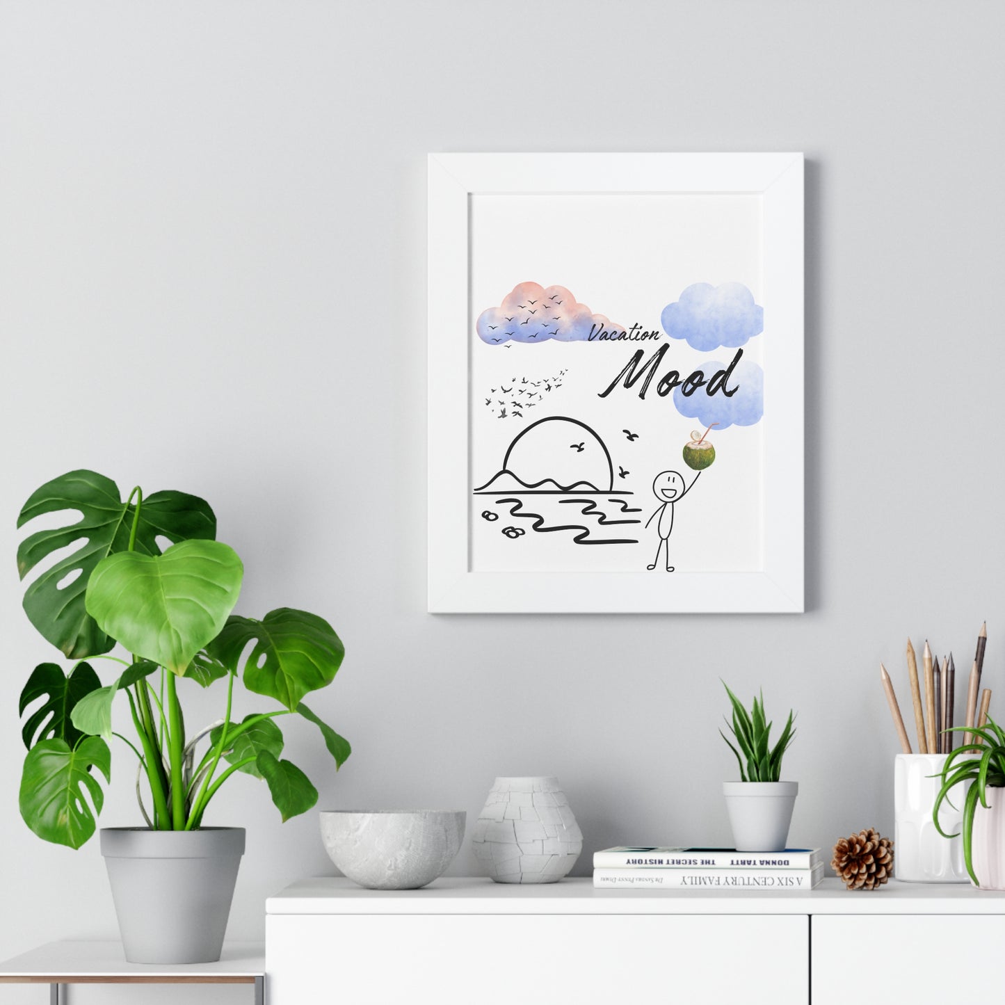 Vacation Mood Framed Vertical Poster, Tropical Art, Beach Decor, Summer Vibes, Home Decoration, Gift for Travel Lovers
