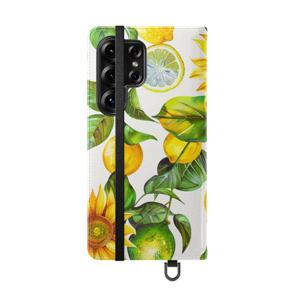 Sunflower & Lemon Flip Phone Case – Floral Wallet Flip Case with Card Slots