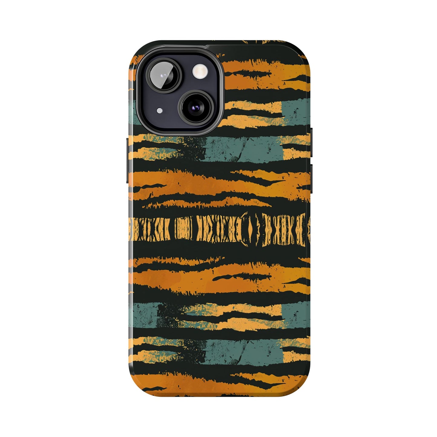 Tiger Stripe Tough Phone Case — Rugged Protective iPhone Cover with Amber & Teal Brushstroke Pattern