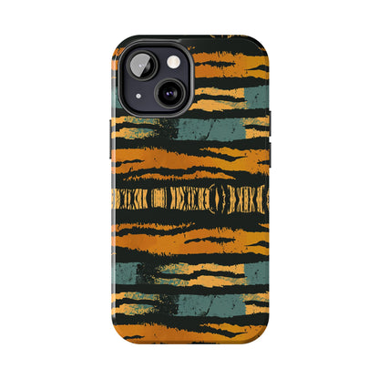 Tiger Stripe Tough Phone Case — Rugged Protective iPhone Cover with Amber & Teal Brushstroke Pattern