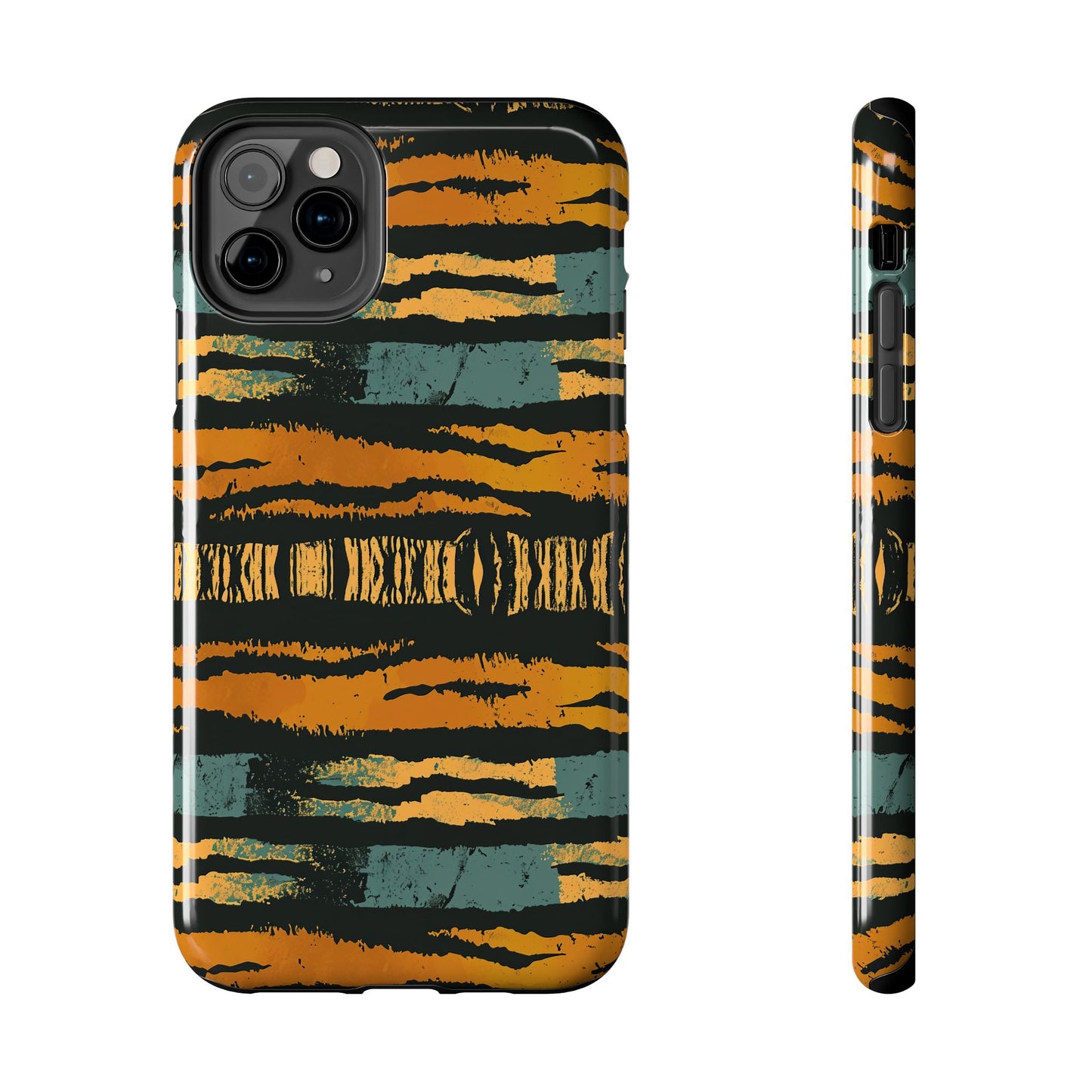 Tiger Stripe Tough Phone Case — Rugged Protective iPhone Cover with Amber & Teal Brushstroke Pattern