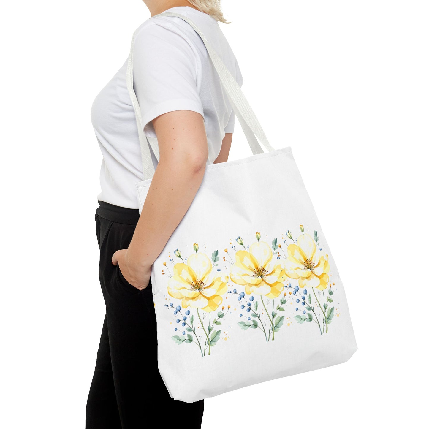 Floral Peony Tote Bag — Yellow Watercolor Flowers on White